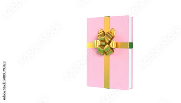 Obraz A pink gift box with a golden ribbon and bow, isolated on a black background, 3D render