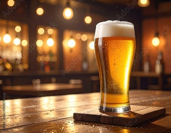 Fototapeta Golden Beer in Glass on Wooden Table at Bar with Bokeh Lights