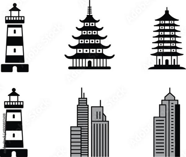 Obraz Building silhouette illustration set, cartoon architectural icons, lighthouse pagoda skyscraper clipart, traditional and modern structure artwork, cultural landmark design, black and white elements