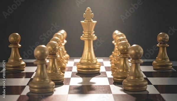 Fototapeta Gold Chess Pieces on Chessboard with Dark Background Leading to King Strategy and Competition Success Concept in Dramatic Lighting