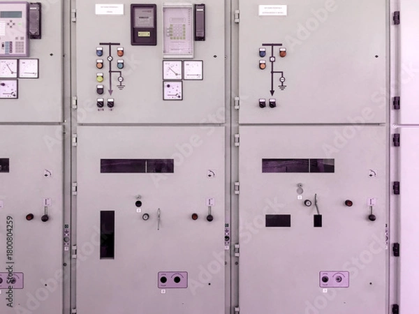 Fototapeta Main breaker on the panel distribution cabinet, Electrical switch gear at low voltage power control room in the factory
