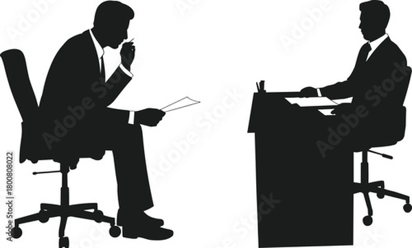 Obraz Business meeting silhouette vector with seated professionals, office interview or consultation scene, black isolated corporate artwork, workplace discussion illustration pack