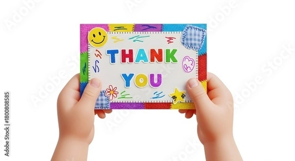 Fototapeta Colorful Thank You Card Held by Child Hands in Bright Decorated Frame