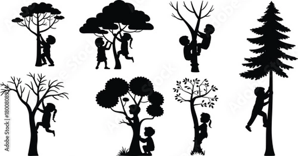 Obraz Children and trees silhouette vector set, playful outdoor nature scenes, black isolated artwork, climbing and exploring poses, forest interaction illustration pack