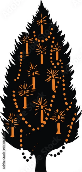Obraz orange candles, festive vector icon, minimalist pine shape with garlands, seasonal clipart design, winter holiday graphic illustration element