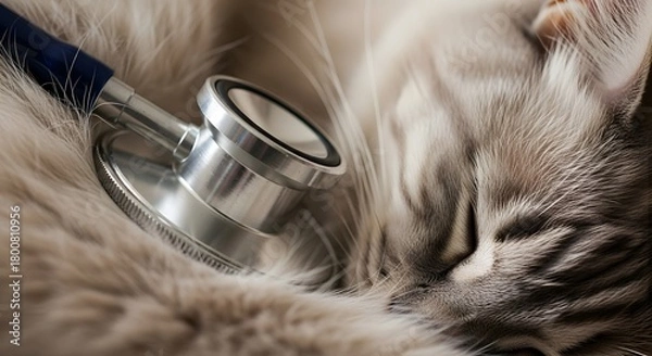 Obraz Cute Sleeping Cat Resting with Stethoscope on Fur in Warm Cozy Setting