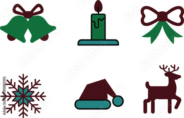 Obraz Christmas icons set with bells, candle, bow, snowflake, Santa hat, and reindeer, festive cartoon vector for holiday decor, greeting cards, and design