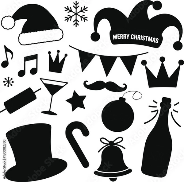 Obraz Christmas and New Year icon set, black silhouette style, festive symbols, hats, mustache, music, cheers bottle, perfect for party clipart, cards, decor