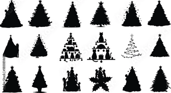 Obraz Whimsical Christmas tree silhouette set, festive black vector icons, holiday pine shapes with people and animals, creative seasonal clipart pack, winter graphic design elements