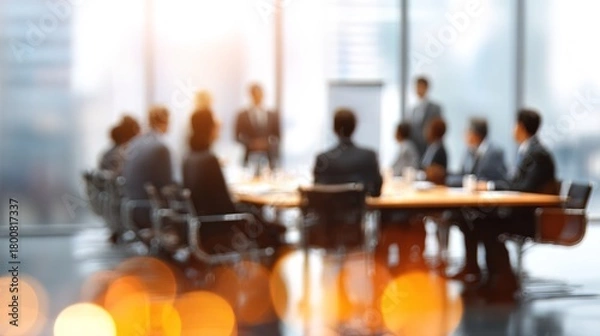 Fototapeta Business people and presentation in boardroom on meeting for planning and conversation as partner Blurred employees teamwork and collaboration with discussion on report for feedback on company