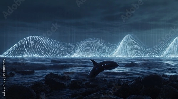 Obraz Acoustic deterrent device, emitting complex sound wave patterns visualized as light, protecting a marine sanctuary, non-invasive tech, clean design