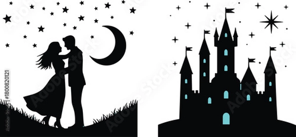 Obraz Romantic couple and fantasy castle silhouette with moon and stars, black vector illustration for love, fairy tale, and magical night-themed design and decoration
