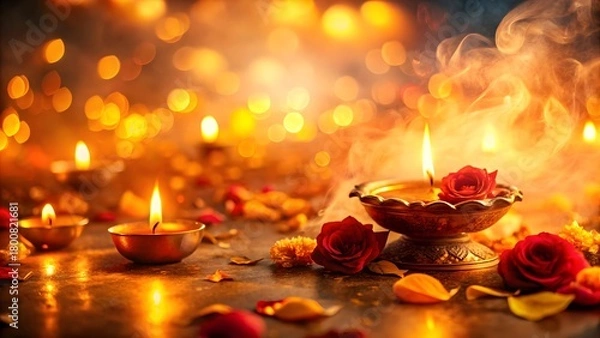 Fototapeta Warm candlelight roses and floral decorations create a peaceful and festive atmosphere