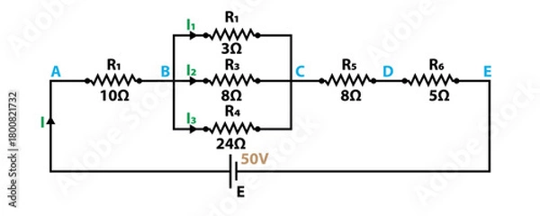 Fototapeta Electrical Circuit With Resistors, Battery, and Branches: Simple Schematic Diagram for Learning and Analysis
