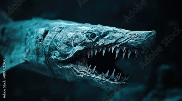 Fototapeta Goblin Shark, its protruding jaws made of ancient, fossilized bone, skin like pale, deep-sea clay, surreal abyssal horror texture, faint, eerie bioluminescence