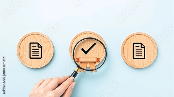 Fototapeta Document quality control checklist with magnifying glass for audit and standard compliance process