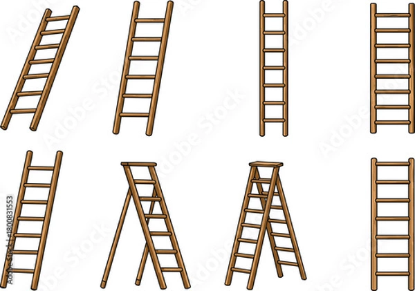 Obraz Wooden ladder illustration, cartoon ladder set, step ladder, leaning ladder, upright ladder, tool clipart, construction equipment, home repair icon, DIY element