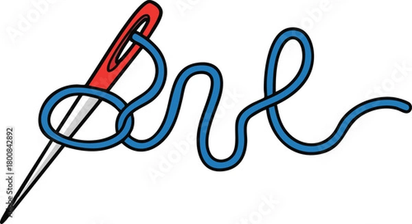Obraz Red Eye Needle With Blue Thread Creating Abstract Pattern On White Background Simple Illustration