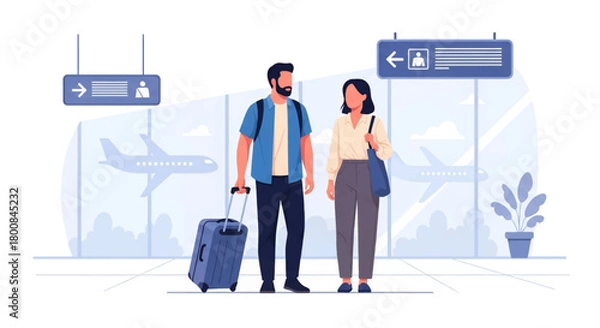 Obraz Stylish couple ready for adventure at modern airport terminal, travel together, embracing new experiences, wanderlust, international travel