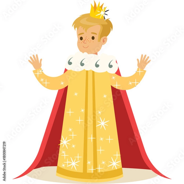 Obraz Young Blond Boy Dressed As A King Wearing A Golden Robe And Red Cape With A Crown On His Head In A Playful Pose With Open Arms And A Smile
