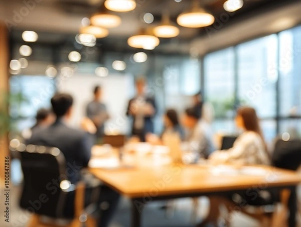 Fototapeta Blur office meeting blurred background with business people working group in boardroom discussion for teamwork brainstorming, executive seminar or professional training in small startup enterprise