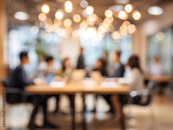 Fototapeta Blur office meeting blurred background with business people working group in boardroom discussion for teamwork brainstorming, executive seminar or professional training in small startup enterprise