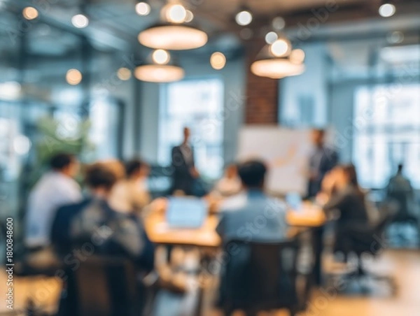 Fototapeta Blur office meeting blurred background with business people working group in boardroom discussion for teamwork brainstorming, executive seminar or professional training in small startup enterprise