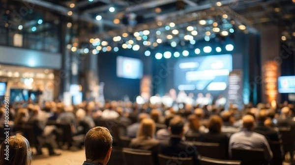 Fototapeta Blurred image of stage with rear view of audience in the conference hall or seminar meeting business and education about investment concept : Generative AI. High quality