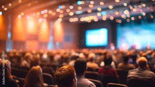 Fototapeta Blurred image of stage with rear view of audience in the conference hall or seminar meeting business and education about investment concept : Generative AI. High quality