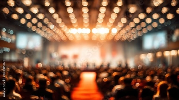 Fototapeta Blurred image of stage with rear view of audience in the conference hall or seminar meeting business and education about investment concept : Generative AI. High quality
