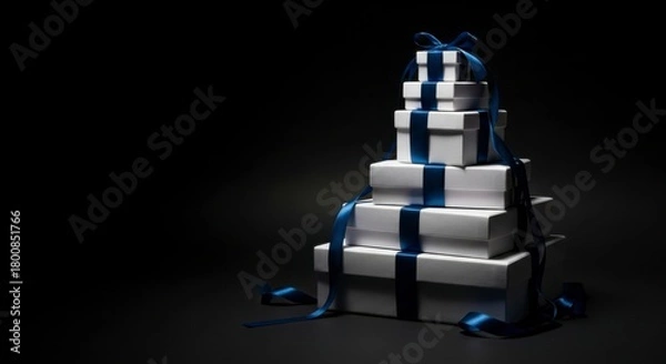 Fototapeta Stack of Gift Boxes: A visually appealing stack of elegantly wrapped gift boxes, adorned with shimmering ribbons, creates a sense of anticipation and celebration against a stark, elegant backdrop.