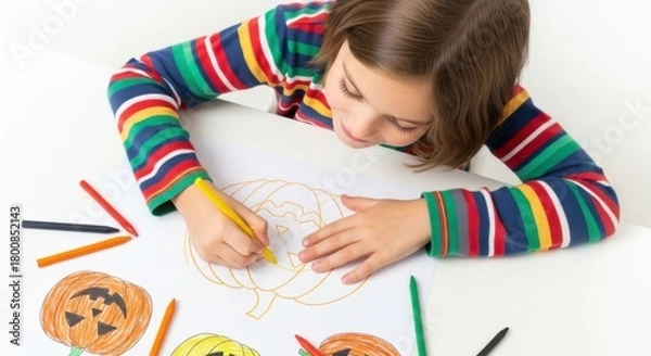 Obraz Creative Child at Work: A young, focused child immerses themselves in a world of imagination, bringing a vibrant pumpkin to life with colored pencils.