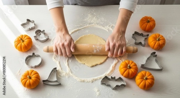 Fototapeta Baking Halloween Delights: A person rolls out dough on a lightly floured surface, surrounded by cheerful pumpkins and festive cookie cutters, promising a batch of spooky-themed treats.