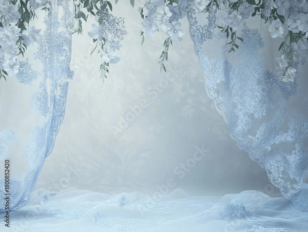 Fototapeta Serene stage with delicate blue lace curtains and floral accents, evoking a tranquil and ethereal atmosphere