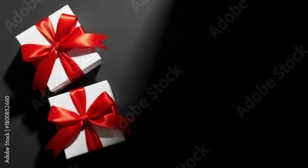 Obraz Elegant Gifts: Two pristine gift boxes, adorned with vibrant red ribbons, lie serenely, casting gentle shadows that enhance their elegance. The image speaks of thoughtfulness and celebration.