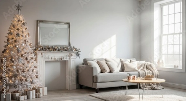 Fototapeta Cozy Holiday Living: An inviting living space exudes warmth, featuring a beautifully adorned Christmas tree, a comfortable sofa, and a welcoming fireplace, creating a festive ambiance for the season.