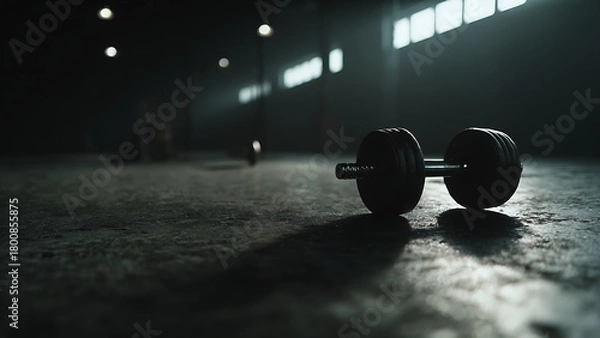 Obraz A dumbbell on a gym floor.