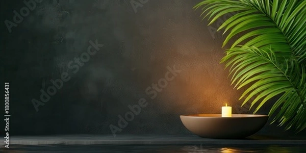 Fototapeta Wellness meditation detox concept. Tranquil scene featuring a candle and palm leaves against a dark background.
