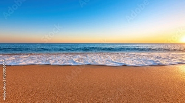 Fototapeta Wellness meditation detox concept. Serene beach scene at sunset with gentle waves and a colorful sky.