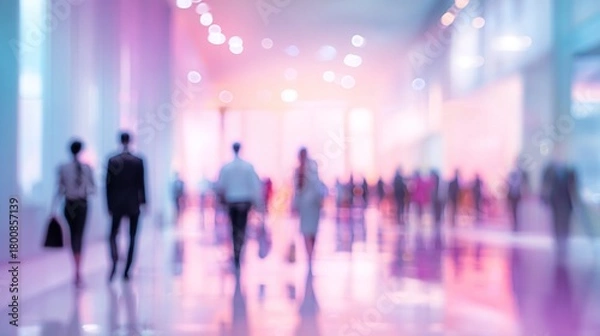 Fototapeta Blurred background of a business event with people in a modern office interior, featuring pastel colors and a bokeh effect. High quality