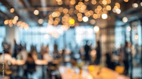 Fototapeta Blurred background of a business event with people in a modern office interior, featuring pastel colors and a bokeh effect. High quality