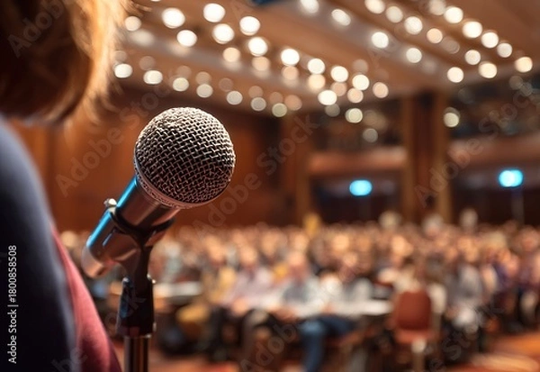 Fototapeta close up. speaker standing in front of the audience in the conference room. High quality