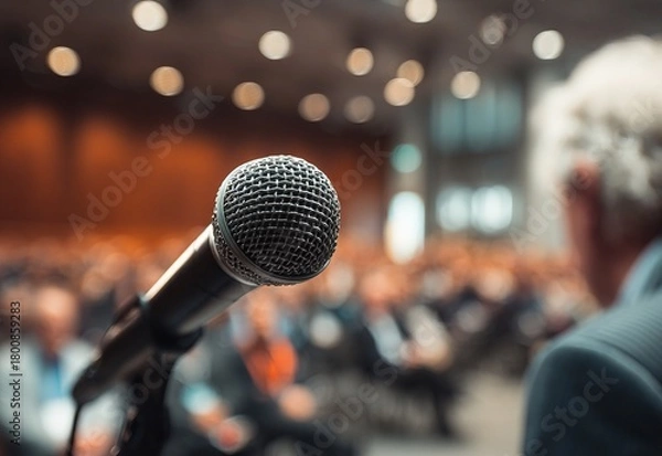 Fototapeta close up. speaker standing in front of the audience in the conference room. High quality