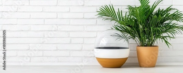 Fototapeta Wellness meditation positivity concept. Modern interior with potted plant and stylish decor against a textured wall.