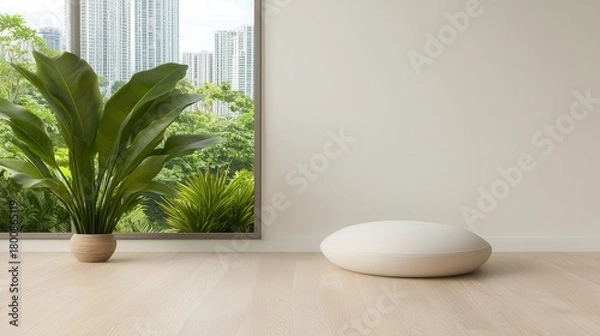 Fototapeta Wellness meditation positivity concept. Modern interior with a plant and a cozy seat near a large window showcasing greenery outside.