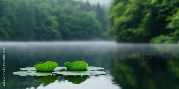Fototapeta Wellness meditation positivity concept. Tranquil lake scene with lily pads amidst lush greenery and misty surroundings.