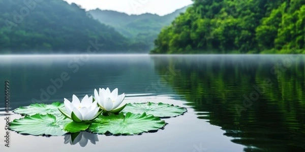 Fototapeta Wellness meditation positivity concept. Serene lake with floating lotus flowers surrounded by lush greenery.
