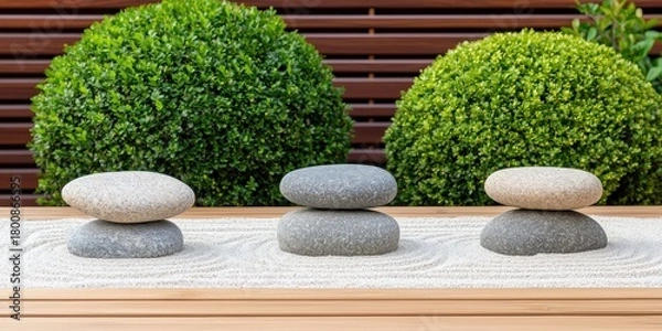 Fototapeta Wellness meditation positivity concept. Three smooth stones balanced on a wooden surface with manicured greenery in the background.
