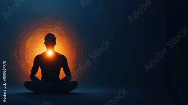 Fototapeta Wellness meditation positivity concept. Silhouette of a meditating figure radiating light in a dark background.