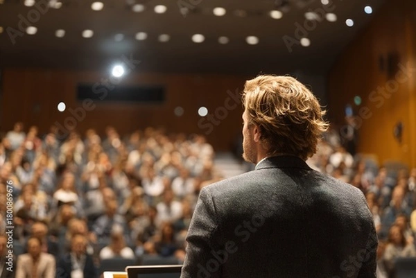 Fototapeta Charts. Male speaker giving presentation in hall at university workshop. Audience or conference hall. Rear view of unrecognized participants. Scientific, business conference event, training. Education